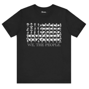 Black t-shirt featuring a stylized American flag made from black-and-white portraits of Black historical leaders, with the words “WE, THE PEOPLE.” printed across the bottom and theRESISTANCE logo near the collar.
