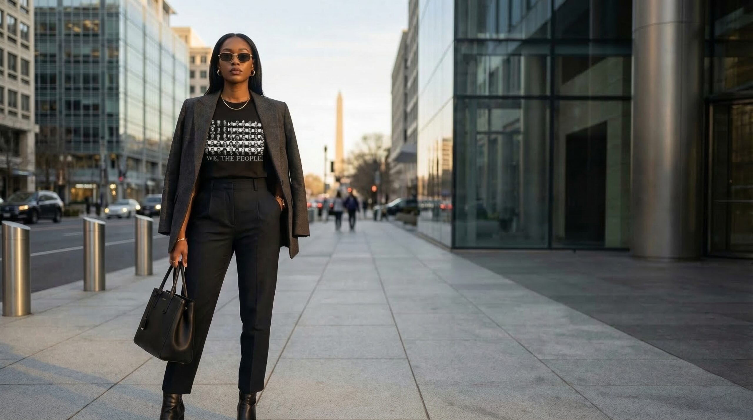 Stylish Black woman wearing a black blazer over a black “We, The People” graphic T-shirt, standing on a modern Washington, DC sidewalk with the Washington Monument in the background.