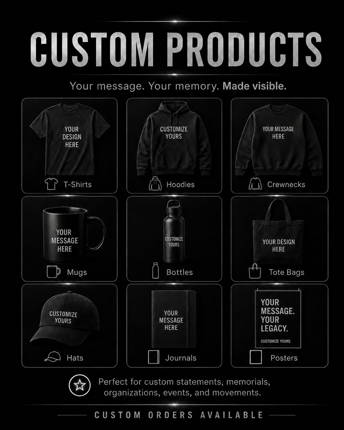 Custom products including shirts, hoodies, mugs, bottles, tote bags, hats, journals, and posters